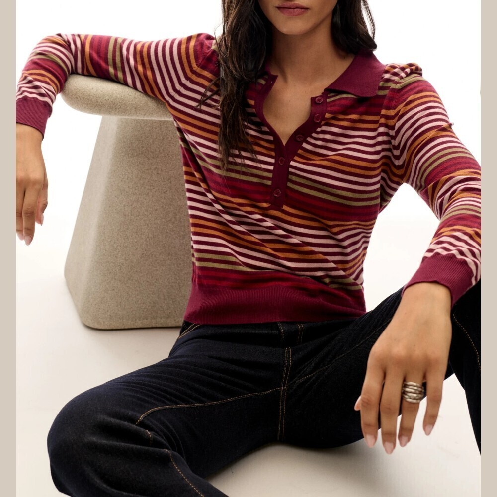 Burgundy Multicolor Striped Ribbed Knit Button Front Polo Sweater